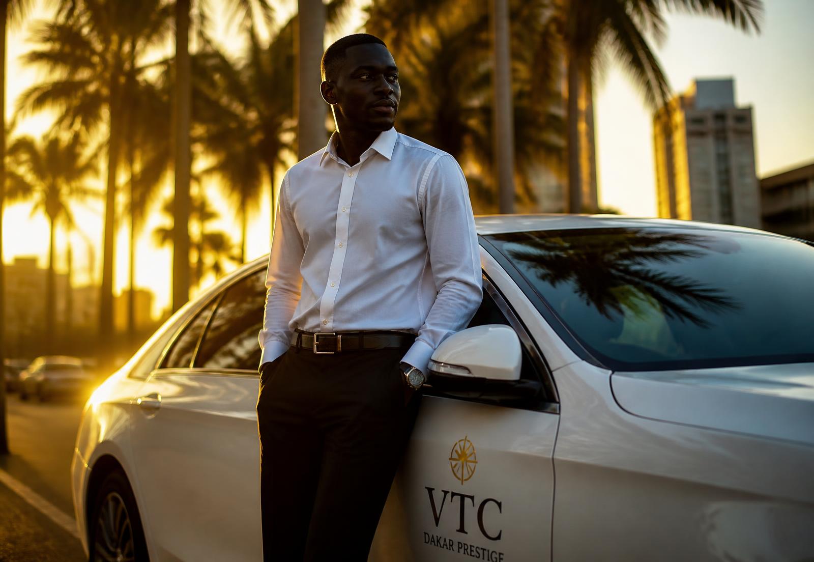 Chauffeur VTC sénégalais devant sa berline au coucher du soleil à Dakar