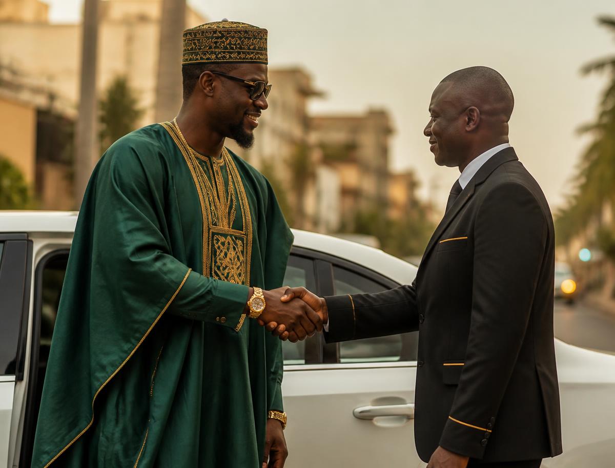Un investisseur sénégalais serre la main d'un chauffeur devant un véhicule